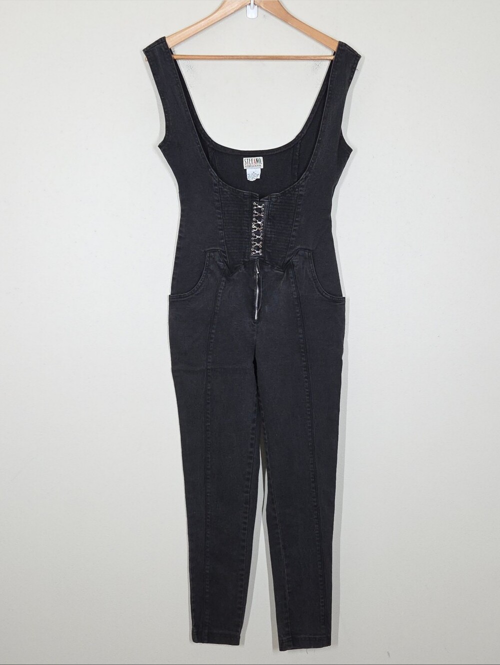 Vtg 80s 90s Stefano Black Denim Jumpsuit Sleeveless Fitted Scoop Neck M Glam